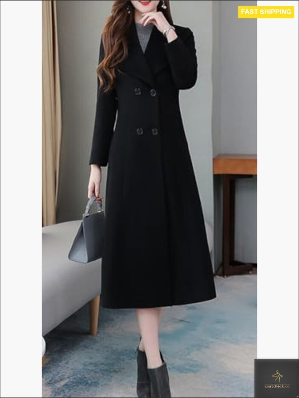 Wool Blend Pea Coat Shawl Collar Double Breasted Maxi Trench Overcoat - Picture 4 of 5